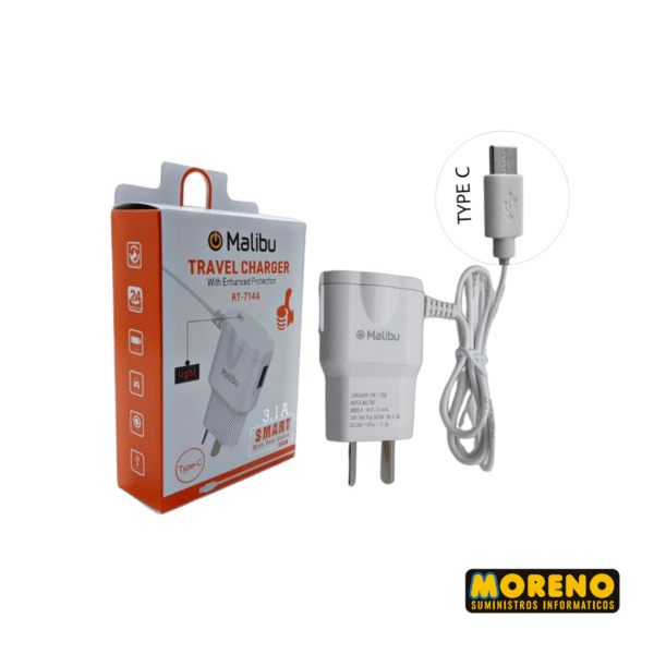 CARGADOR 220V 3,1A C/CABLE  C + USB MALIBU RT714A